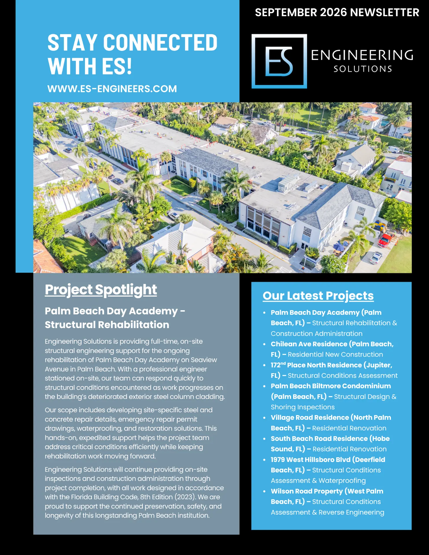 Page one of the Engineering Solutions September 2026 newsletter featuring the Palm Beach Day Academy project spotlight