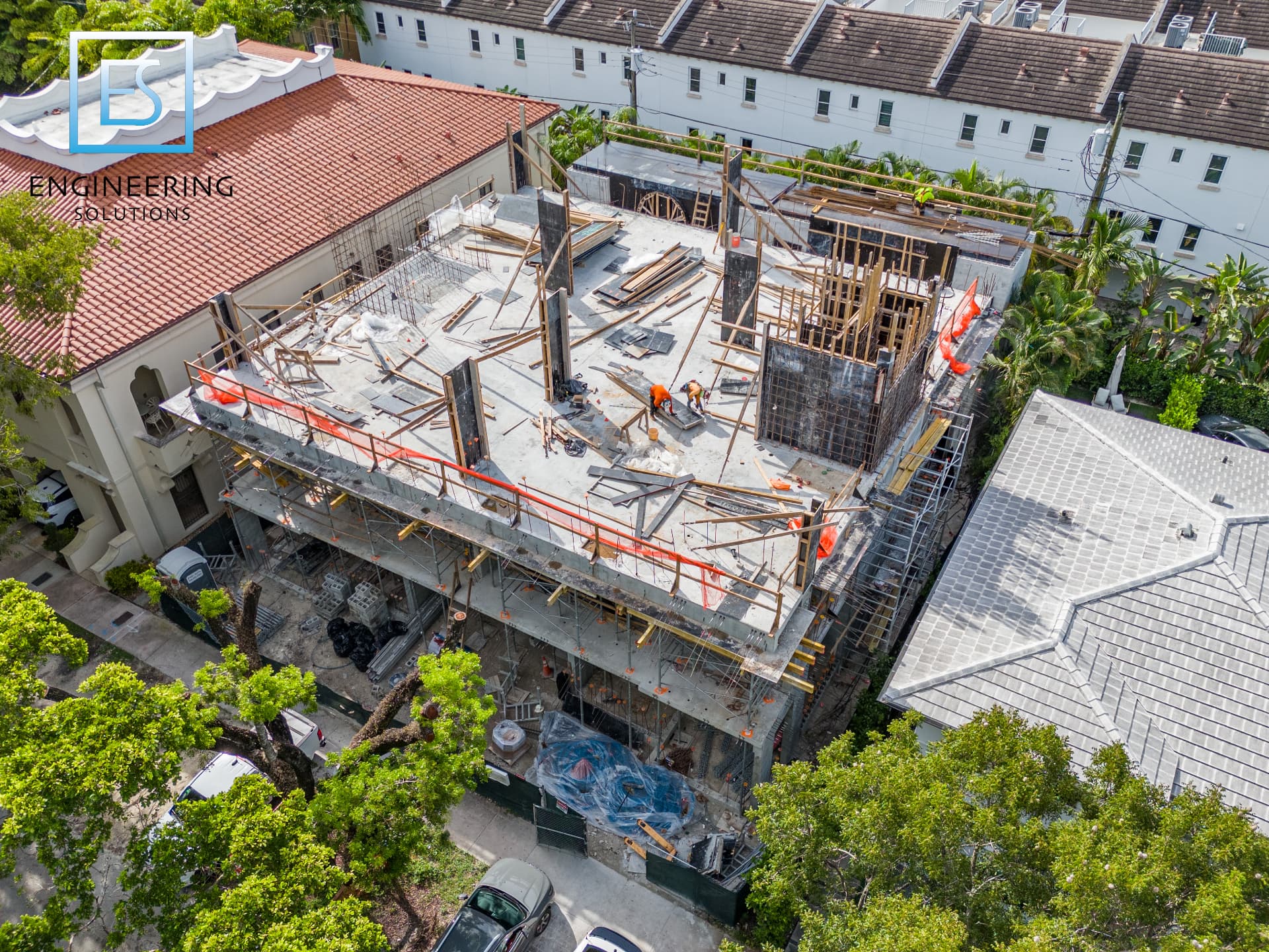 Aerial view of column and wall forms on a completed post-tensioned floor slab at Malaga Townhomes in Coral Gables, Florida