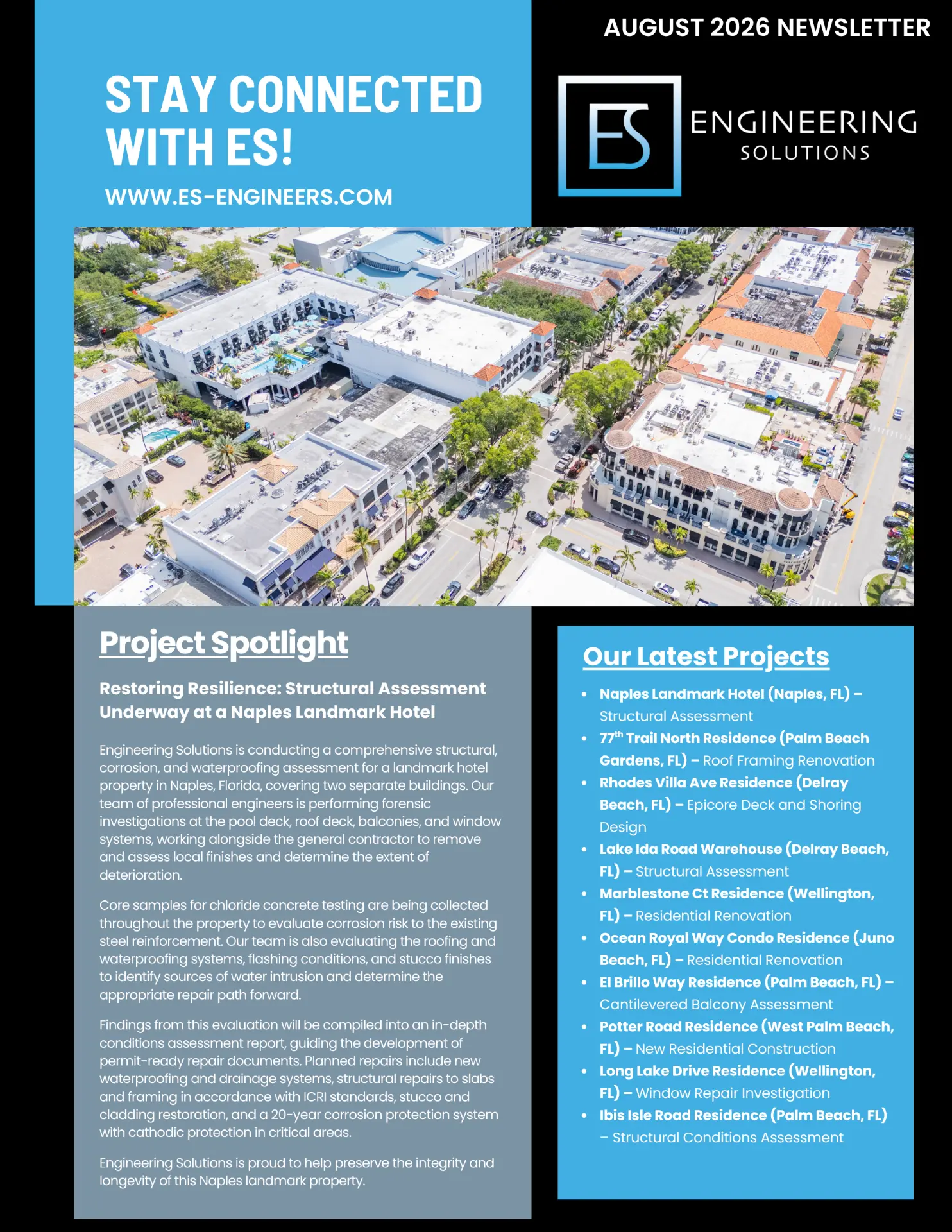 Page one of the Engineering Solutions August 2026 newsletter featuring the Naples landmark hotel project spotlight