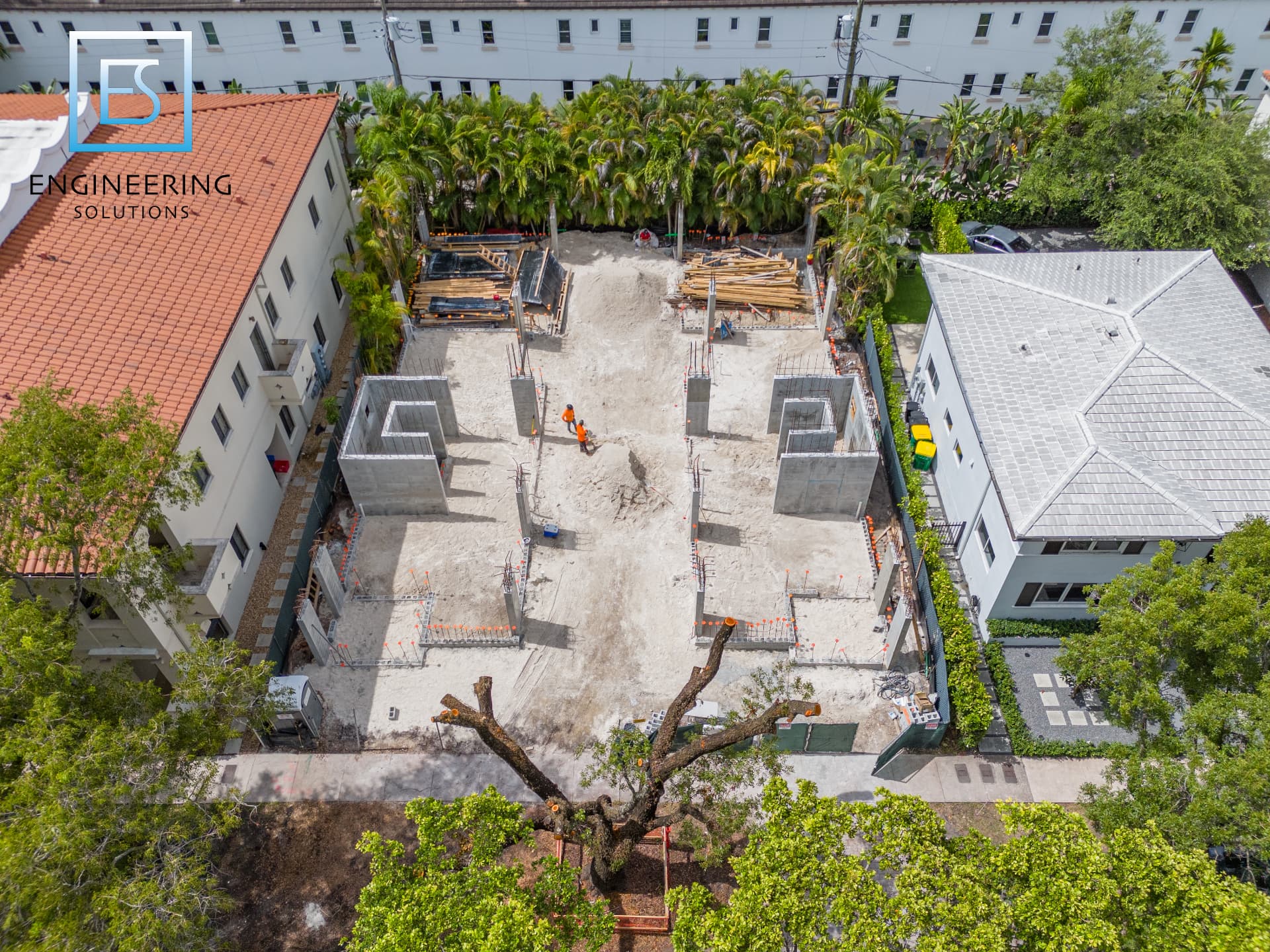 Aerial view of foundation and concrete shear walls at the start of construction at Malaga Townhomes in Coral Gables, Florida