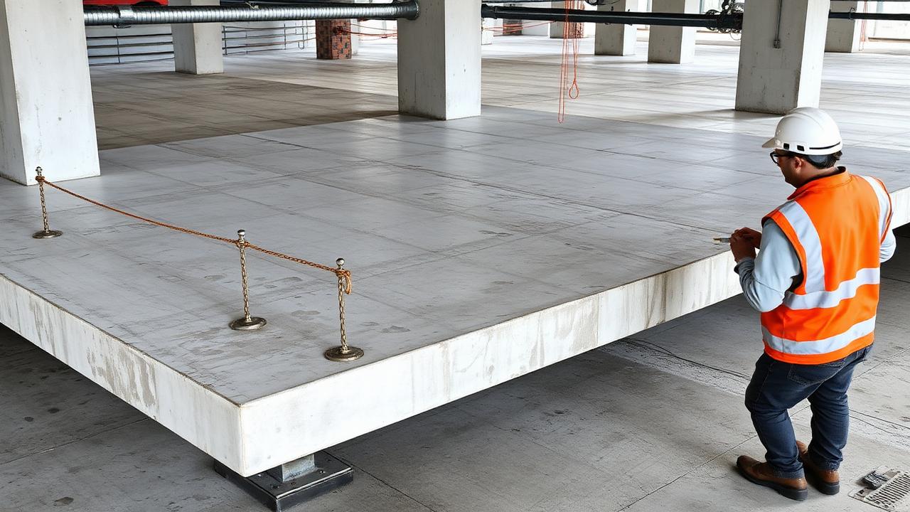 Engineer inspecting post-tensioned slab anchorage on a Florida high-rise structure