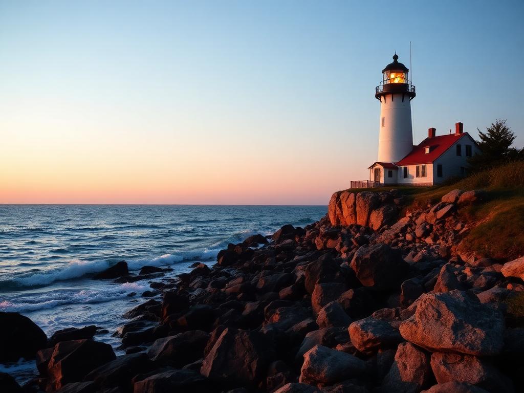 New Hampshire coastal lighthouse at golden hour