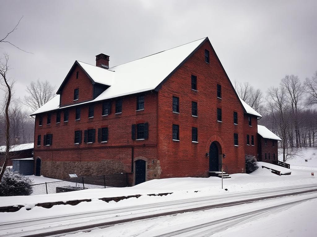 Historic New England red brick mill in snow
