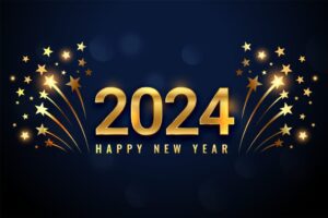 Gold "2024 Happy New Year" with stars.