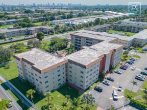 An aerial view of a large apartment complex.