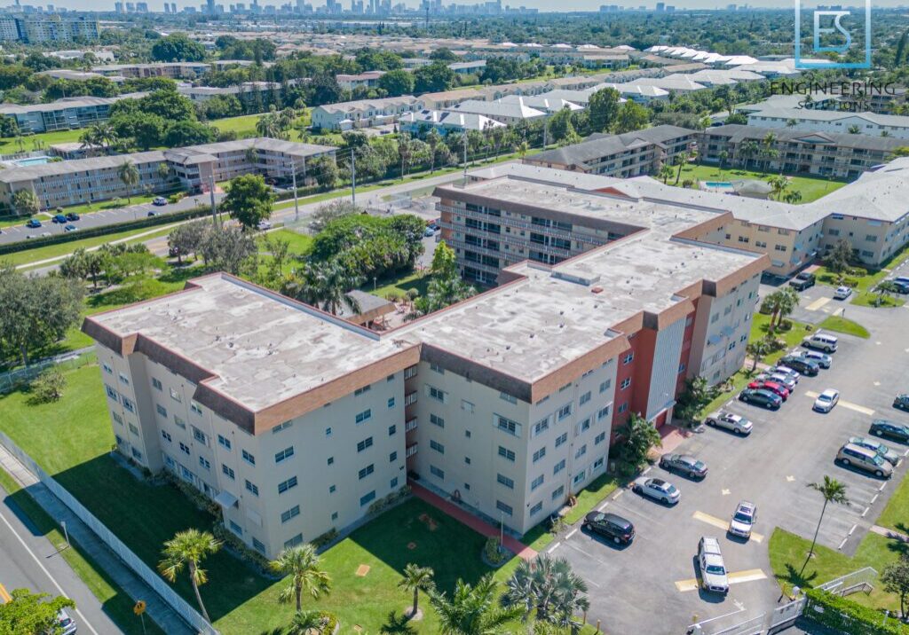 An aerial view of a large apartment complex.